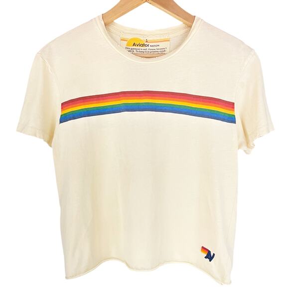 AVIATOR NATION Rainbow 7-Stripe Cropped Distressed Tee Size S ASO Shelby Simmons - Picture 2 of 8